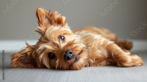 A Playful Yorkie Enjoys Leisure Time Indoors on a Soft Gray Floor