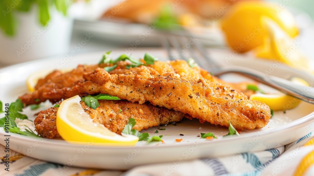 Fried whitefish with fork on white plate against colorful backdrop Fried whitefish with fork on white plate against colorful backdrop