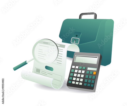 Office essentials briefcase, calculator, magnifying glass on white