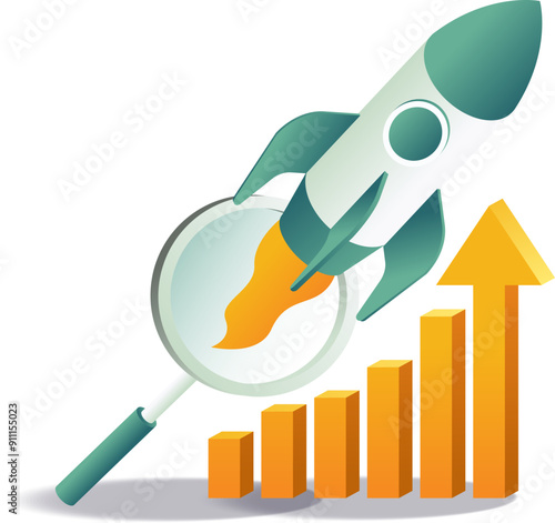 Rocket with magnifying glass & arrow symbolizing speed searching engine optimization