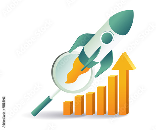 Rocket with magnifying glass & arrow symbolizing speed searching engine optimization