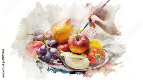 A vibrant hand painting a plate of assorted fruits with a splash of colors showcasing their freshness and appeal. photo