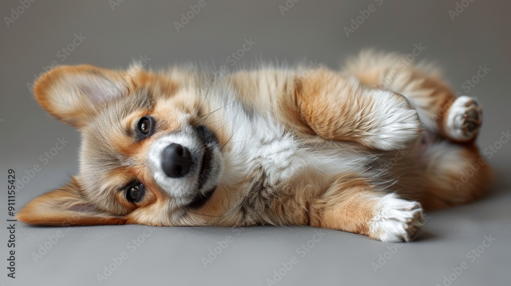 Playful Corgi Puppy Relaxing on a Soft Gray Surface With a Contented Expression Playful Corgi Puppy Relaxing on a Soft Gray Surface With a Contented Expression