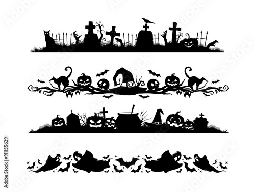 Halloween frame border and divider with cemetery silhouette. Vector creepy graveyard with zombie hands, bats, tombs, fence, jack pumpkins and cats on white background. Horror night holiday necropolis