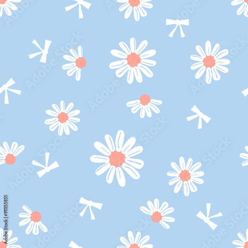 Seamless pattern with hand drawn daisy flower and white ribbon bow on blue background vector.