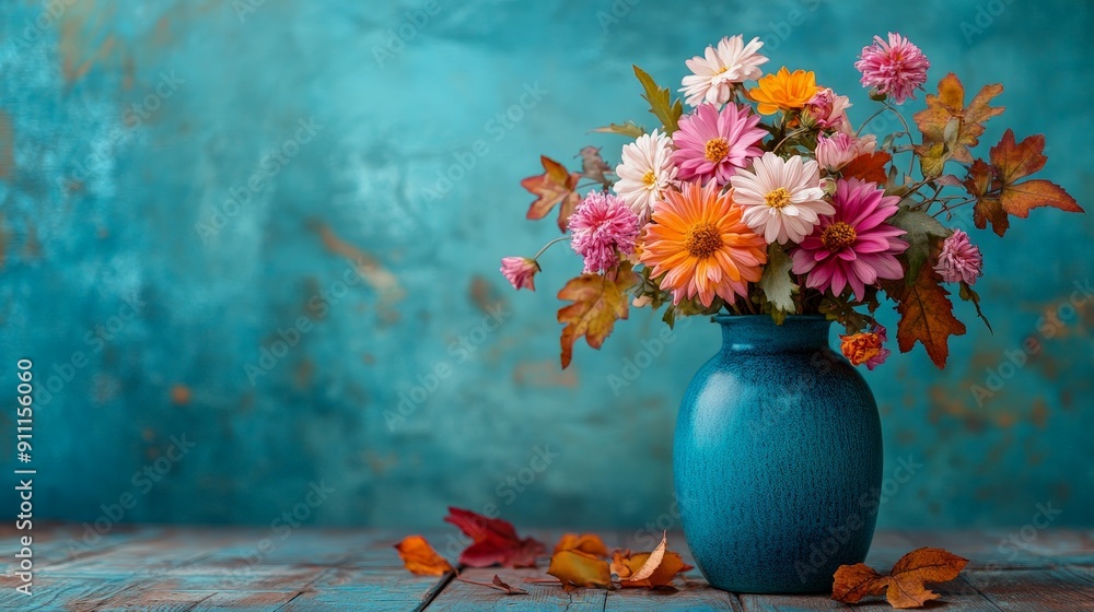 Vase with Flowers and Autumn Leaves on Rustic Background Vase with Flowers and Autumn Leaves on Rustic Background