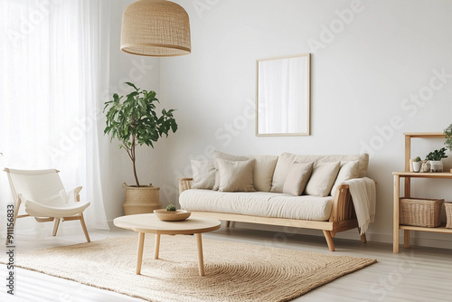 Scandinavian Minimalist Living Room with Light Wood Furniture and White Walls