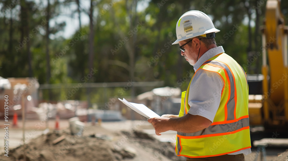 Fototapeta premium Confident Construction Worker stands proudly at a construction site A confident construction worker in a hard hat and safety vest