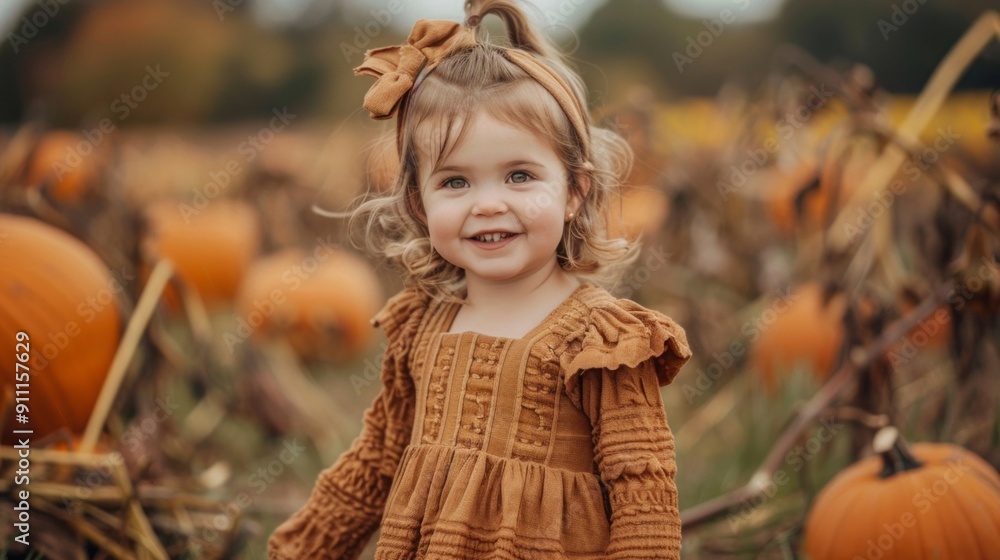 A little girl is standing in a field of pumpkins A little girl is standing in a field of pumpkins