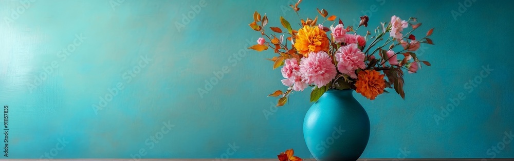 Vase with Flowers and Autumn Leaves on Rustic Background Vase with Flowers and Autumn Leaves on Rustic Background