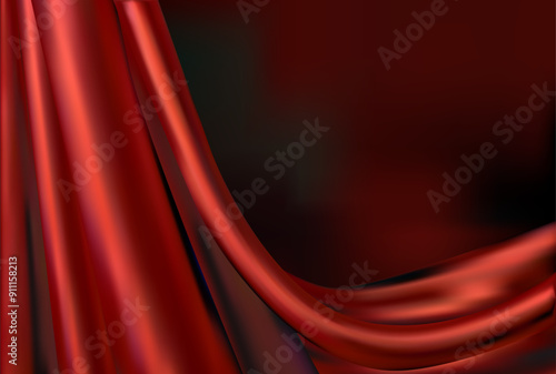 Red draped curtain 3d silk fabric horizontal banner. 3d red drapery cloth vector illustration with space for text. Silk satin red curtain background.Abstract background luxury cloth or wavy folds