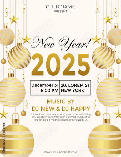 New Year 2025 party invitation flyer with golden ornaments