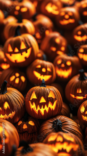 Background of horrible symbol of Halloween burning pumpkin Jack-o-lantern. Vertical orientation.