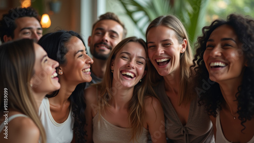 A candid photograph of a diverse group of friends laughing and enjoying a spontaneous moment together, showcasing their genuine happiness and connection.