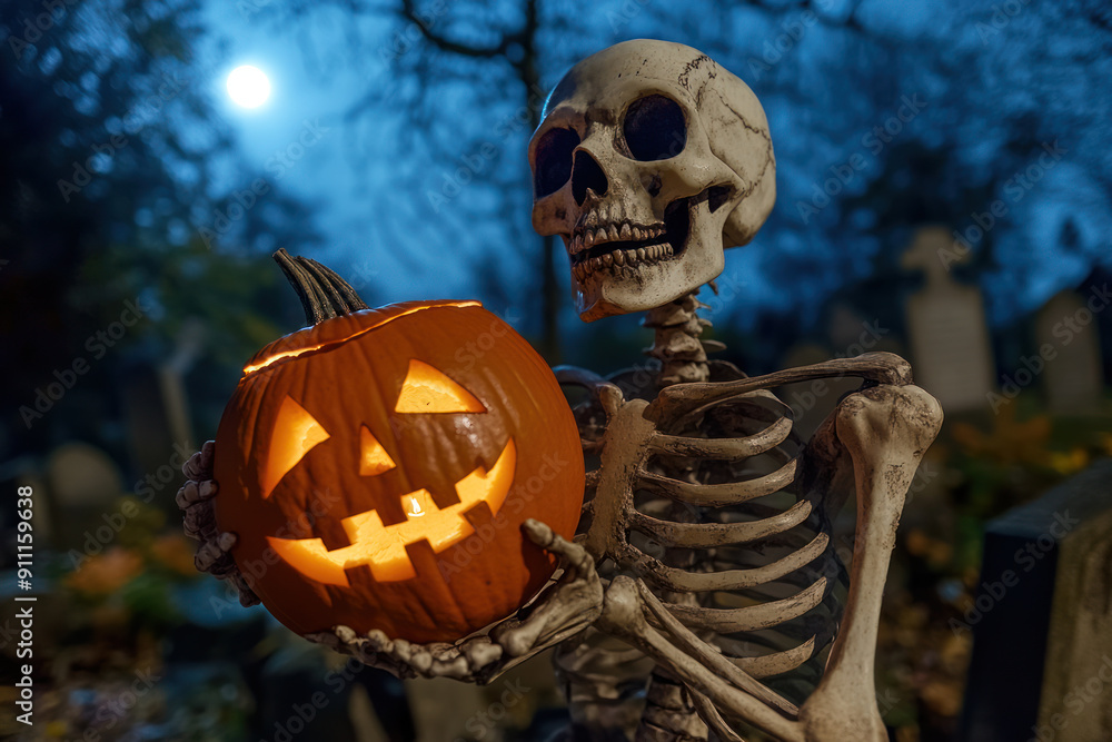 Skeleton holds a burning Jack O' Lantern pumpkin in a graveyard at night. Halloween concept. Skeleton holds a burning Jack O' Lantern pumpkin in a graveyard at night. Halloween concept.
