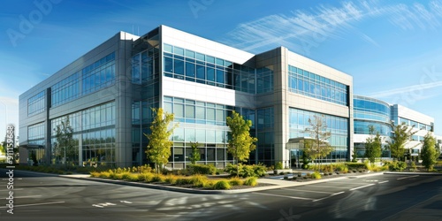 Modern office building with blue sky and green landscaping.