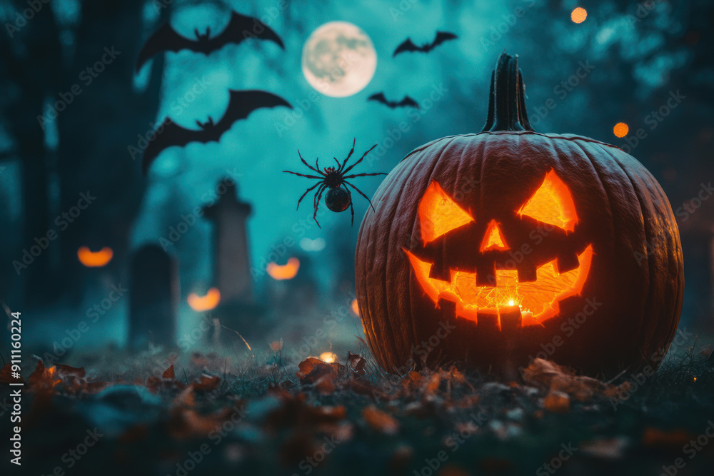 Scary Jack 'O Lantern pumpkin with bats and spider in cemetery with full moon. Halloween concept. Scary Jack 'O Lantern pumpkin with bats and spider in cemetery with full moon. Halloween concept.