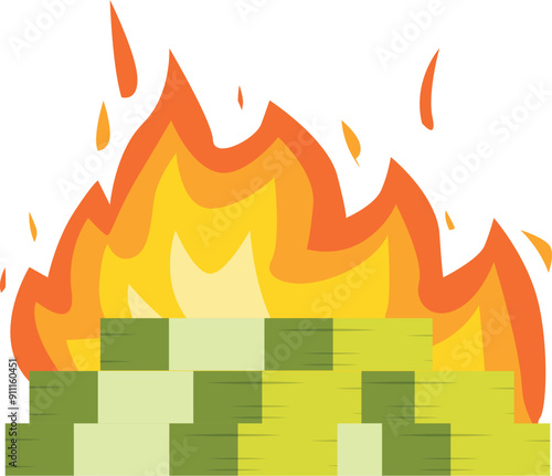 Large stack of money is burning with large flames