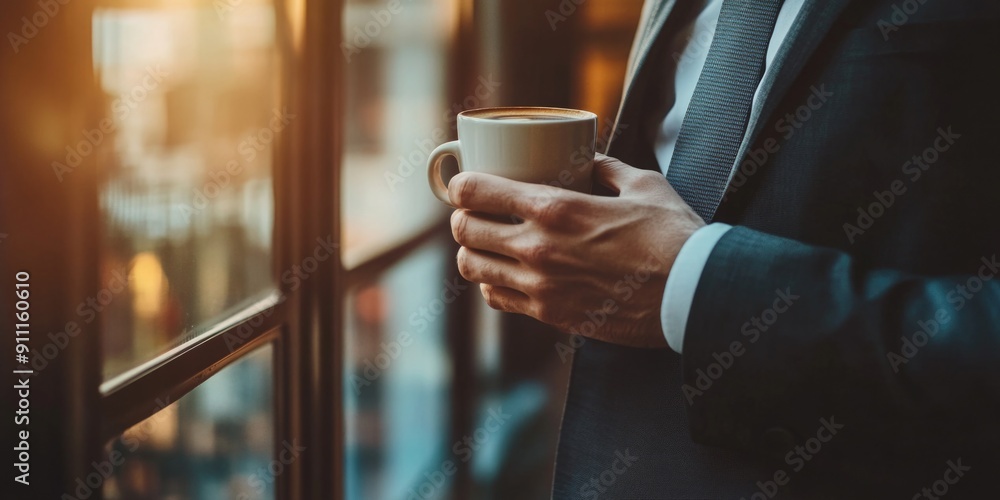 A businessman holds a cup of coffee, likely on his morning commute A businessman holds a cup of coffee, likely on his morning commute