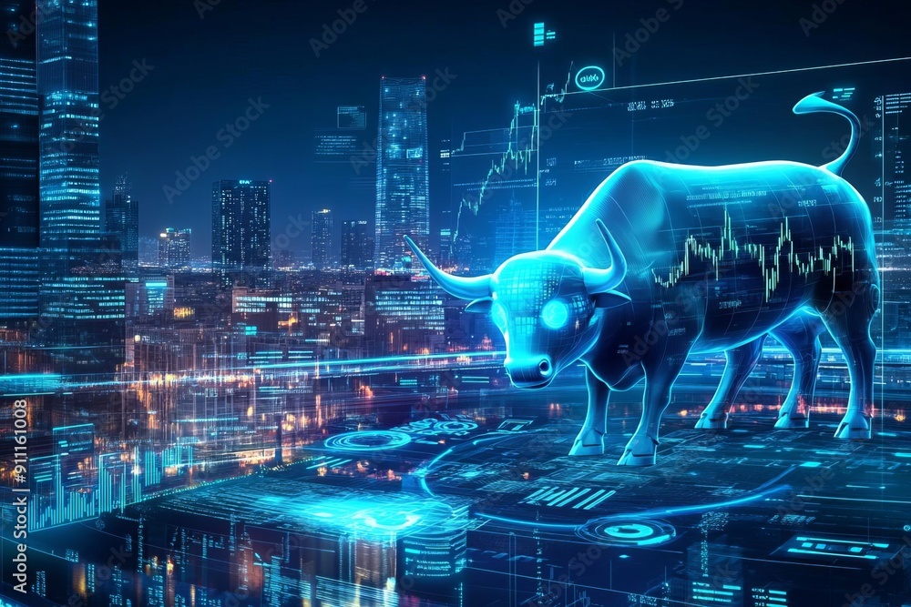 Fototapeta premium Futuristic cityscape with a giant holographic bull and financial symbols, depicting bullish market trends and forecast