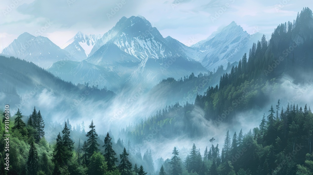 Misty mountains on a summer morning Misty mountains on a summer morning