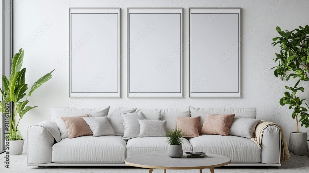 Mockup frame on white living room wall with sofa and pillows Mockup frame on white living room wall with sofa and pillows