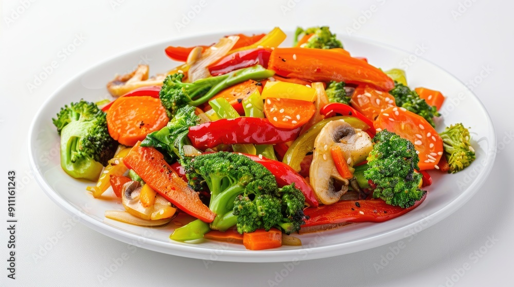 Mixed vegetables stir fried on white plate white background unfocused Mixed vegetables stir fried on white plate white background unfocused