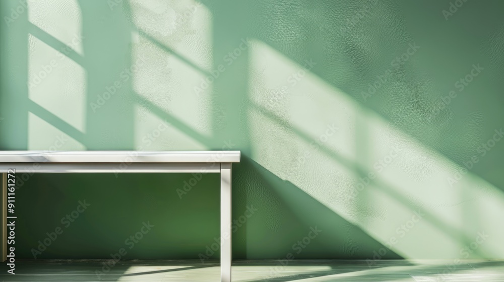 Mockup table against a green wall with window shadow and light reflections for product branding Mockup table against a green wall with window shadow and light reflections for product branding