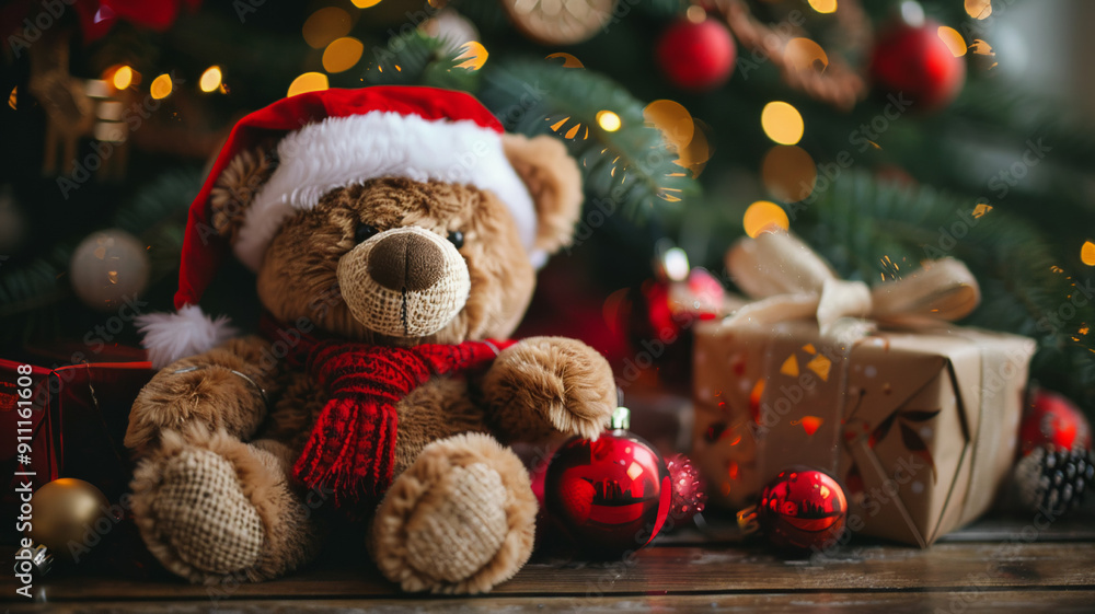 Cute teddy bear in a New Year's hat near the Christmas tree Cute teddy bear in a New Year's hat near the Christmas tree