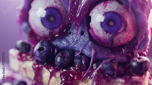 A purple monster with blue eyes and purple hair is covered in blueberry jam photo