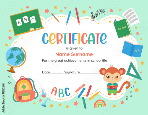Elementary school certificate with kawaii animal. Cute design template for kids. Back to school frame children vector illustration. School supplies background. Playful vibrant achievement award print.