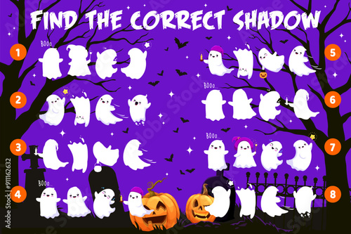 Find the correct shadow of kawaii ghost characters, Halloween game. Kids vector quiz worksheet with cute cartoon ghost shades on the night cemetery. Matching educational riddle for mind development