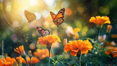 Cluster of Marigold Flowers with Colorful Butterflies Perched on Petals Against a Sunny Garden Backdrop