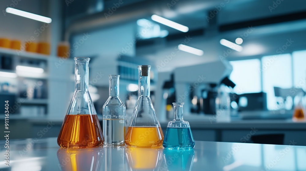 Scientific research laboratory with chemical glassware on the table Scientific research laboratory with chemical glassware on the table