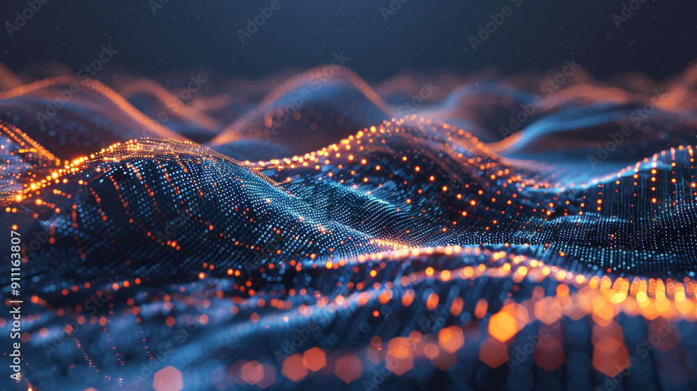 Abstract Digital dark blue wavy Landscape with glowing dots and particles. Abstract Digital dark blue wavy Landscape with glowing dots and particles.