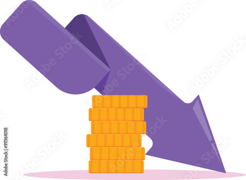 Concept of financial crisis with big arrow pointing down near a stack of coins