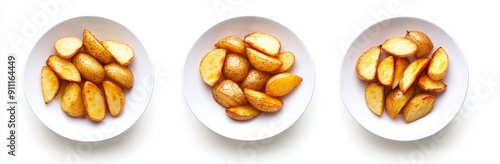 Isolated on white background, roasted potato on a plate collection, top view