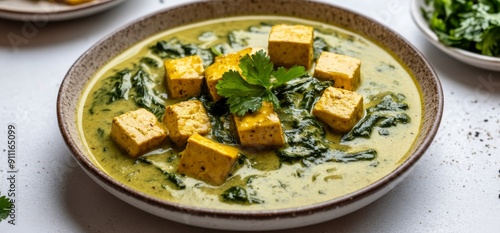 Palak Paneer bundle, cottage cheese cubes in spinach sauce, isolated on a white background