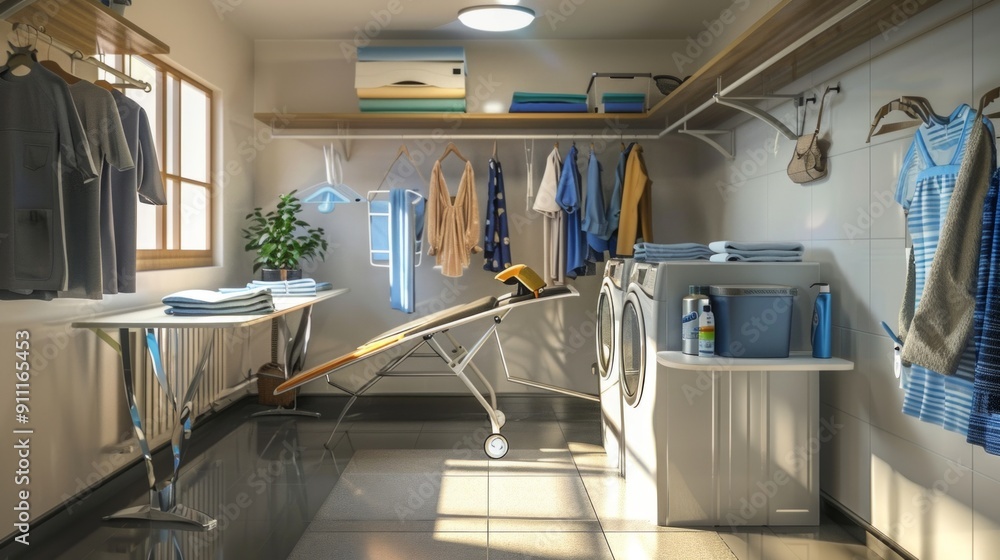 Obraz premium A neat and organized laundry room with white walls, double stack machines, ironing board, clothes rack, and storage cabinets. Brightly lit with natural light.