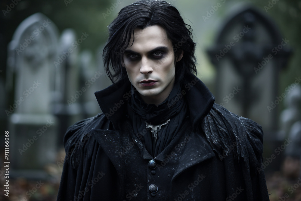 AI generated image of a creepy young man on mysterious cemetery at night AI generated image of a creepy young man on mysterious cemetery at night