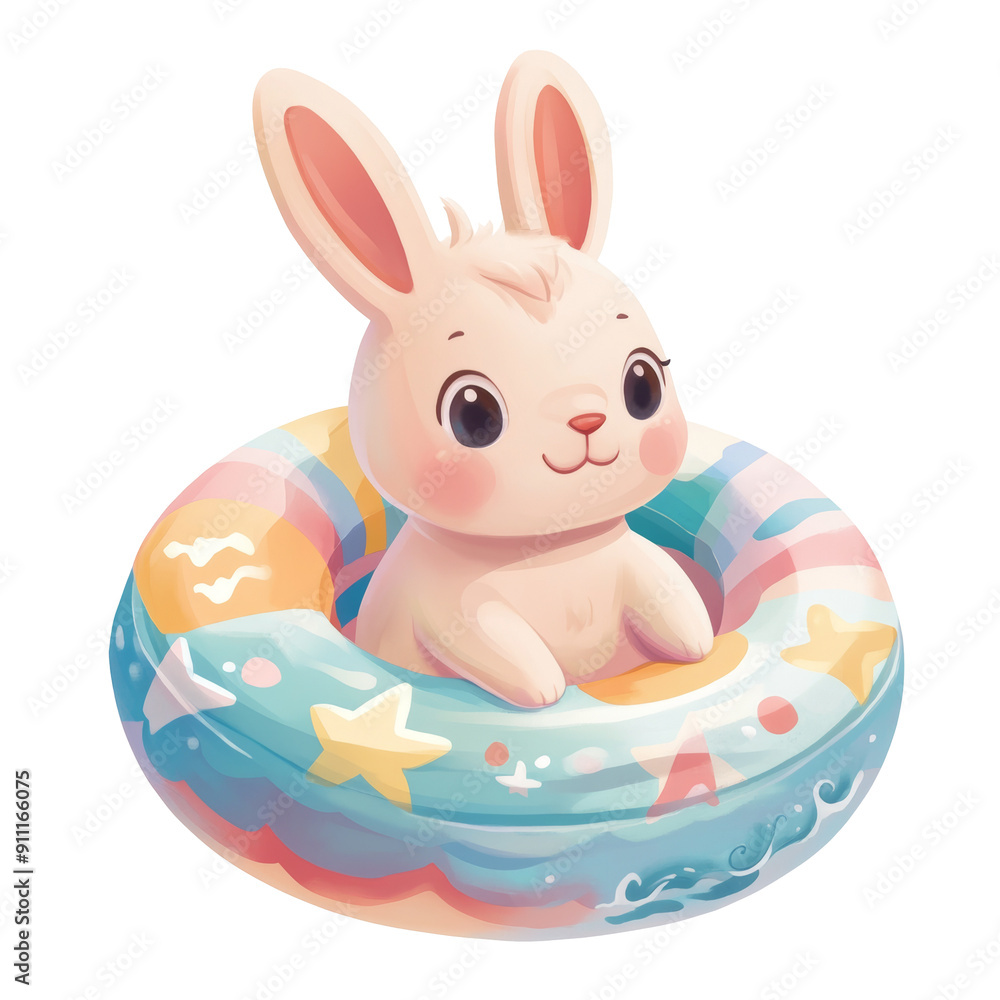 Obraz premium A cute bunny rabbit floats on a colorful inflatable ring with a happy smile.