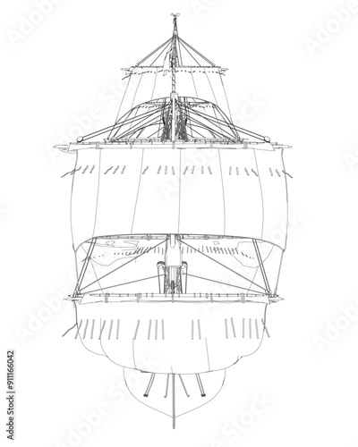 Outline of an ancient sailing frigate made of black lines isolated on a white background. Vector illustration.