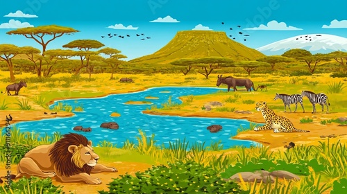 A dotted illustration of an African savanna landscape featuring lions, antelopes, and zebras by a river, with acacia trees and a mountainous backdrop photo