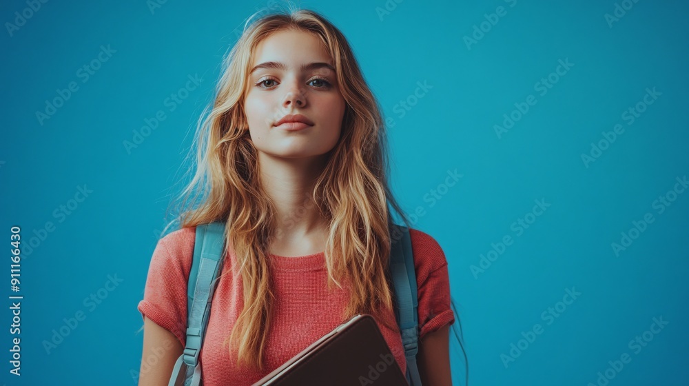 Full-body portrait of a young, pretty student holding a book against a blue background. Ideal for education, youth, and lifestyle concepts Full-body portrait of a young, pretty student holding a book against a blue background. Ideal for education, youth, and lifestyle concepts