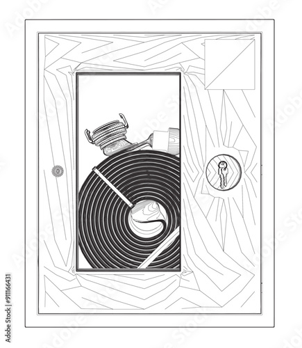 Fire hose or firehose vector icon. Include nozzle, hose reel. Extinguisher or safety equipment tool in steel box wall for firefighter to extinguish, fighting fire, protection and rescue in emergency.
