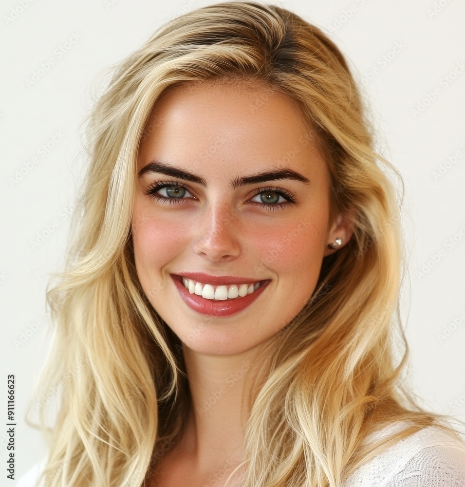 A beautiful smiling blond young woman isolated on a white background, a fictional human character A beautiful smiling blond young woman isolated on a white background, a fictional human character
