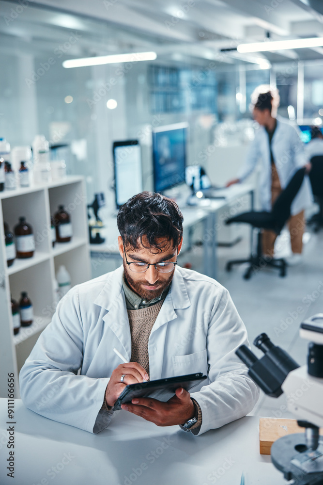 custom made wallpaper toronto digitalScientist, man and writing on tablet in lab for microscope research, medical data and science information. Person, researcher and digital for study feedback, vaccine solution and biotechnology cure