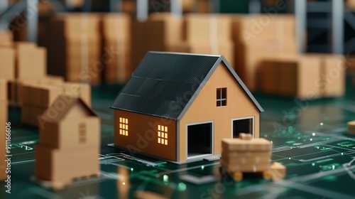 A miniature model of a house with a glowing interior among cardboard boxes, representing logistics, delivery, and home sale concepts.