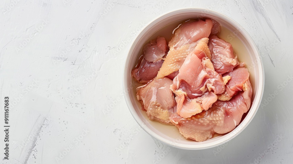 Raw chicken in bowl on white background with space for text Raw chicken in bowl on white background with space for text