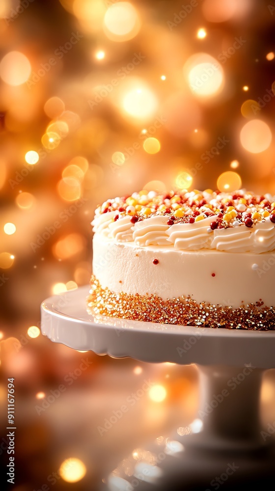 A beautifully decorated Nigerian sugar cake, with intricate designs and vibrant colors, set on a white cake stand with a festive background